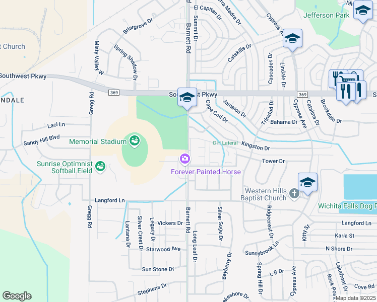 map of restaurants, bars, coffee shops, grocery stores, and more near 4801 Barnett Road in Wichita Falls