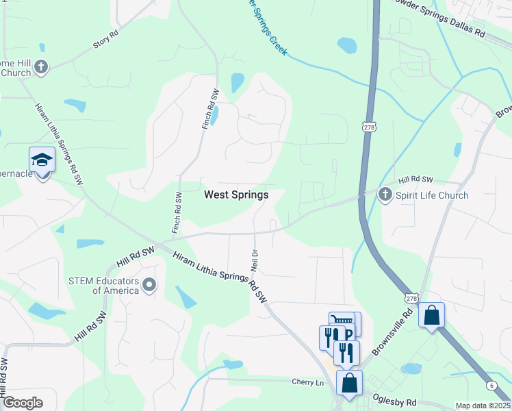 map of restaurants, bars, coffee shops, grocery stores, and more near 4196 Oak Springs Road in Powder Springs