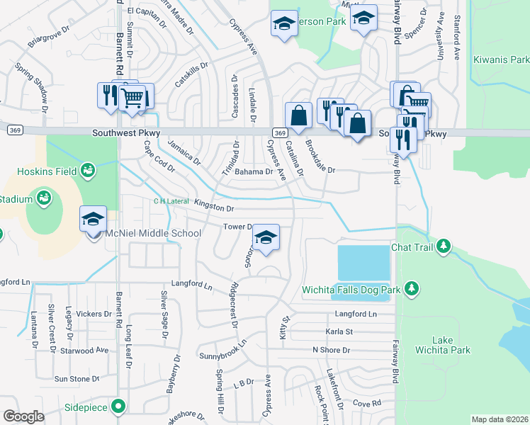 map of restaurants, bars, coffee shops, grocery stores, and more near 5118 Tower Drive in Wichita Falls