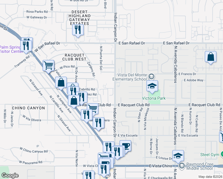 map of restaurants, bars, coffee shops, grocery stores, and more near 200 East Racquet Club Road in Palm Springs