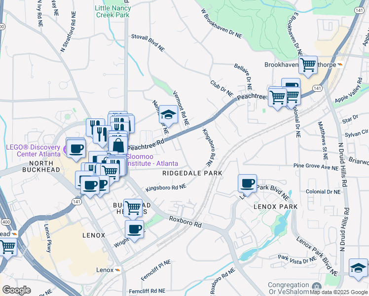 map of restaurants, bars, coffee shops, grocery stores, and more near 3620 Cantrell Road Northeast in Atlanta