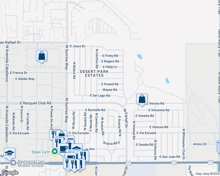 map of restaurants, bars, coffee shops, grocery stores, and more near 2357 Wayne Road in Palm Springs