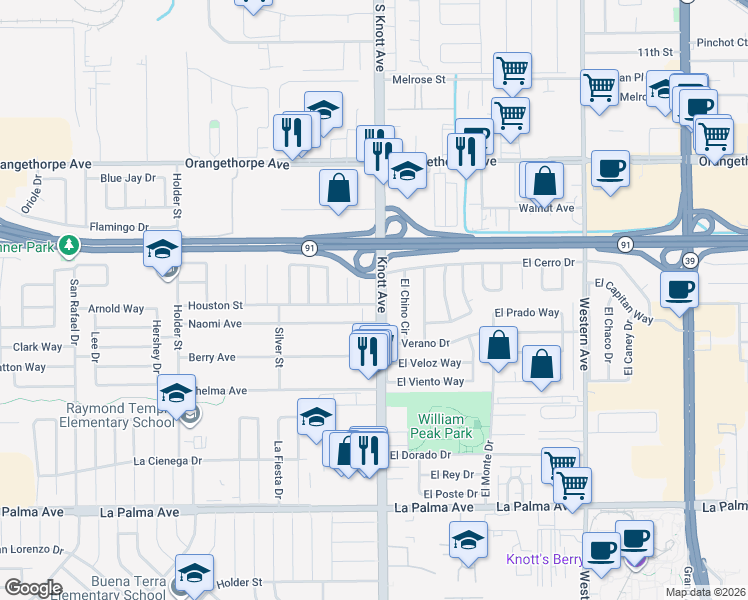 map of restaurants, bars, coffee shops, grocery stores, and more near 7524 El Cerro Drive in Buena Park