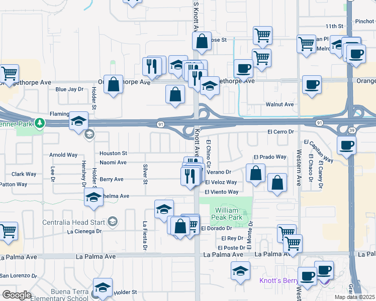 map of restaurants, bars, coffee shops, grocery stores, and more near 6936 Houston Street in Buena Park