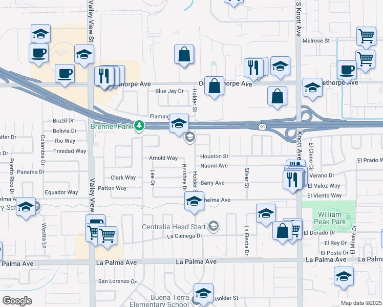 map of restaurants, bars, coffee shops, grocery stores, and more near 7505 Holder Street in Buena Park