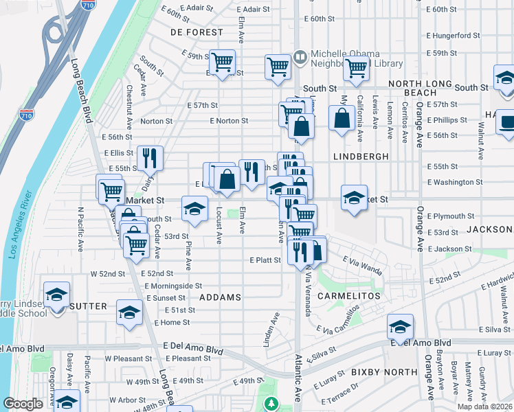 map of restaurants, bars, coffee shops, grocery stores, and more near 419 East Plymouth Street in Long Beach