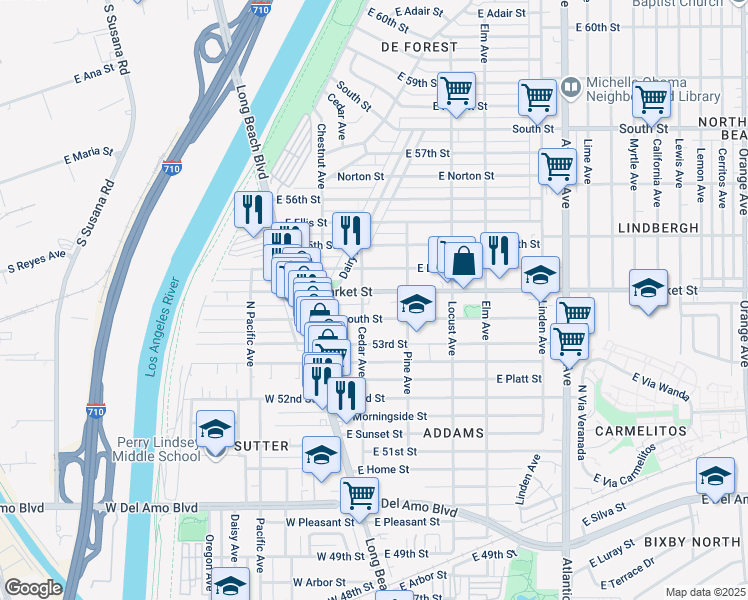 map of restaurants, bars, coffee shops, grocery stores, and more near 159 East Plymouth Street in Long Beach
