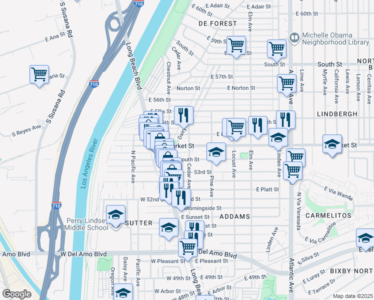 map of restaurants, bars, coffee shops, grocery stores, and more near 51 East Plymouth Street in Long Beach
