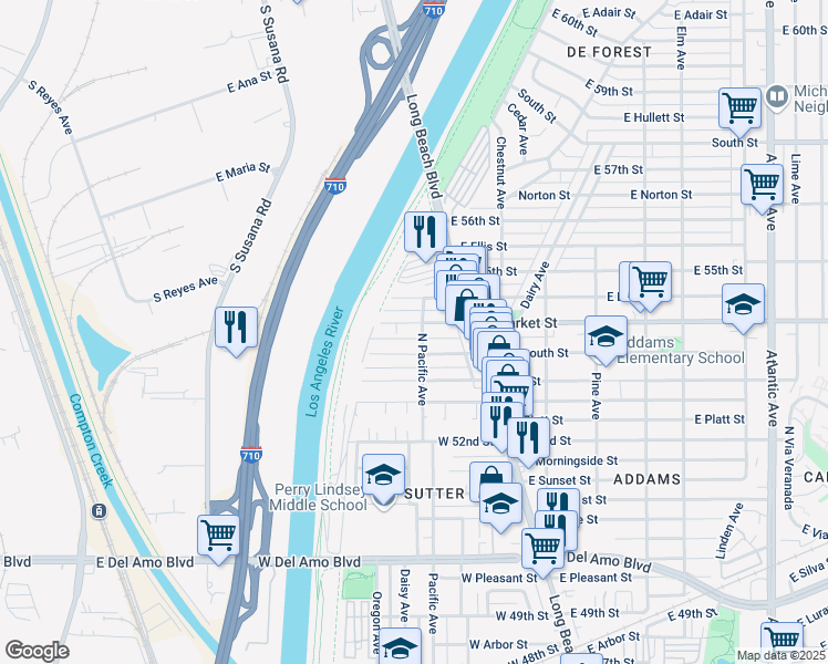 map of restaurants, bars, coffee shops, grocery stores, and more near 5363 North Pacific Avenue in Long Beach