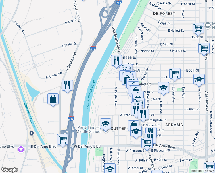 map of restaurants, bars, coffee shops, grocery stores, and more near 173 West Plymouth Street in Long Beach