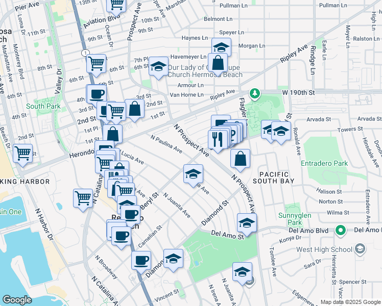 map of restaurants, bars, coffee shops, grocery stores, and more near 631 North Paulina Avenue in Redondo Beach