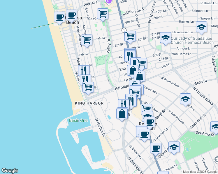 map of restaurants, bars, coffee shops, grocery stores, and more near 777 North Francisca Avenue in Redondo Beach