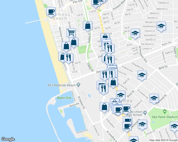 map of restaurants, bars, coffee shops, grocery stores, and more near 777 North Francisca Avenue in Redondo Beach