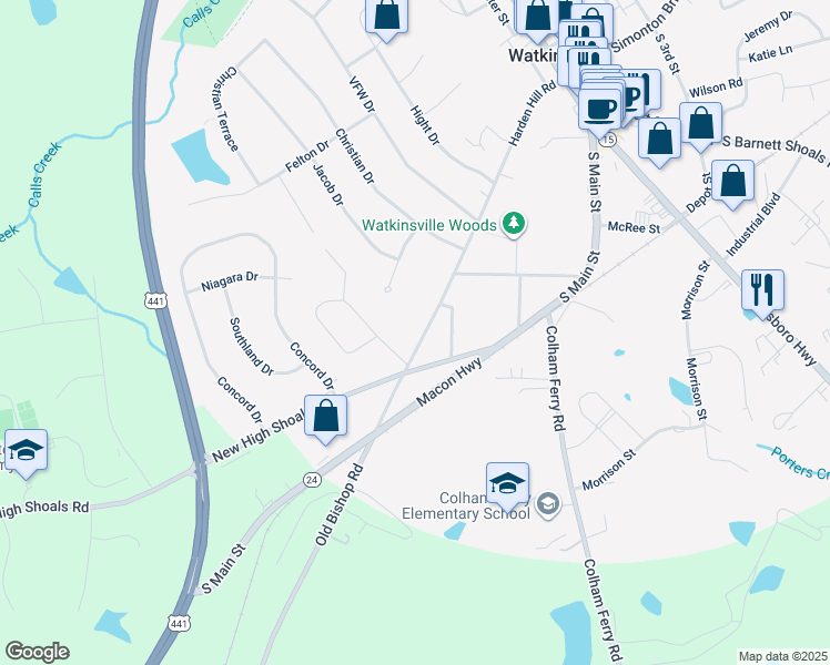map of restaurants, bars, coffee shops, grocery stores, and more near 57 Whitehead Drive in Watkinsville