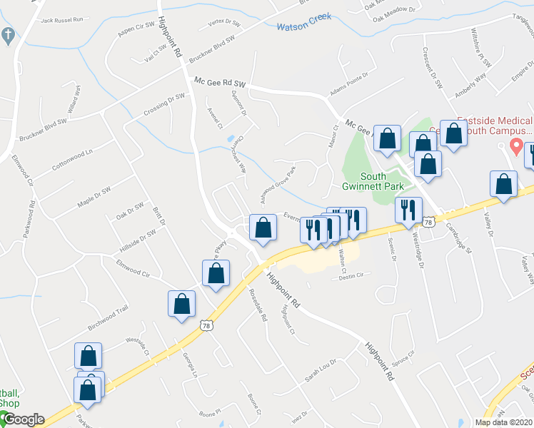 map of restaurants, bars, coffee shops, grocery stores, and more near 3234 Ashwood Grove Park in Snellville
