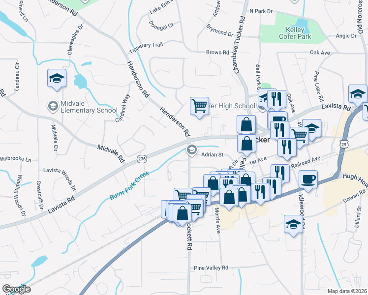 map of restaurants, bars, coffee shops, grocery stores, and more near 2348 Brockett Road in Tucker