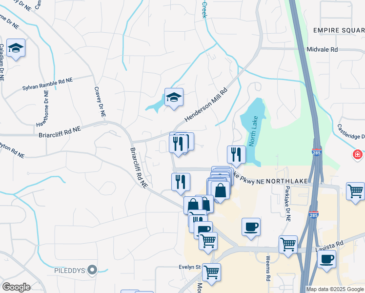 map of restaurants, bars, coffee shops, grocery stores, and more near 2351 Henderson Mill Road in Atlanta