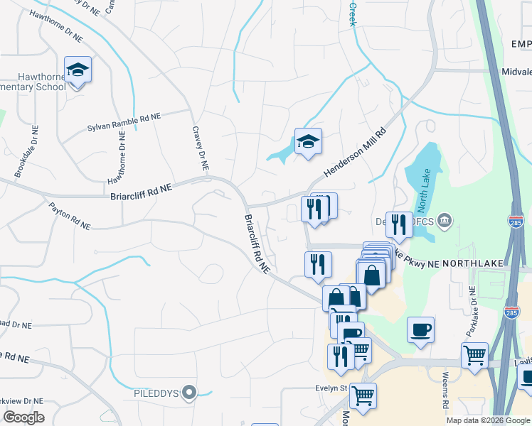 map of restaurants, bars, coffee shops, grocery stores, and more near 2370 Briarcliff Commons in Atlanta