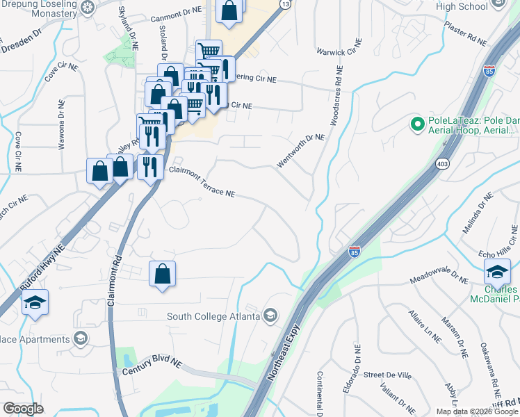 map of restaurants, bars, coffee shops, grocery stores, and more near 2035 Clairmont Terrace Northeast in Atlanta