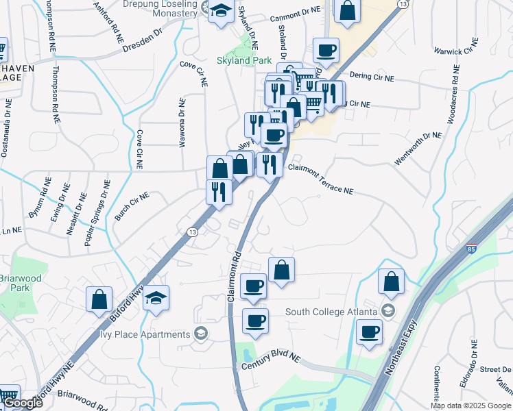 map of restaurants, bars, coffee shops, grocery stores, and more near 3268 Clairmont Road in Atlanta