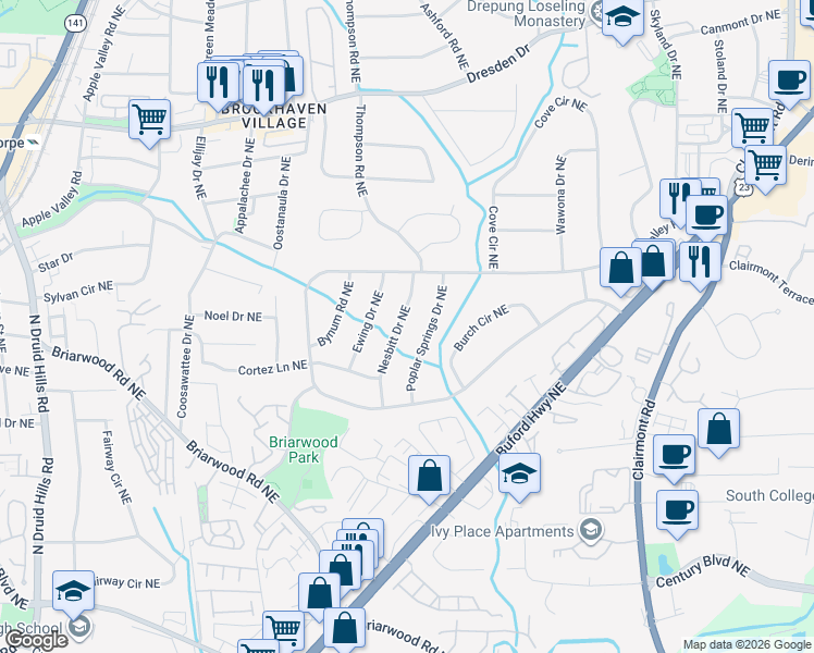 map of restaurants, bars, coffee shops, grocery stores, and more near 2357 Nesbitt Drive Northeast in Atlanta
