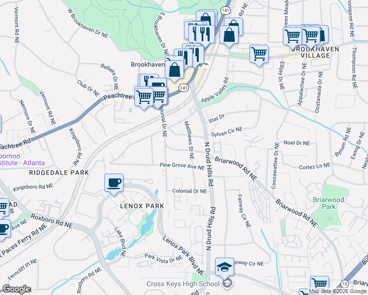 map of restaurants, bars, coffee shops, grocery stores, and more near 1157 Oglethorpe Avenue Northeast in Atlanta