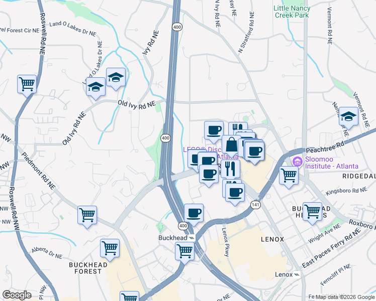 map of restaurants, bars, coffee shops, grocery stores, and more near 3415 Alexander Circle Northeast in Atlanta