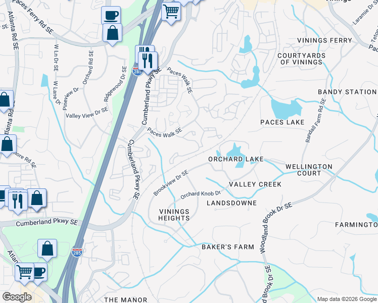 map of restaurants, bars, coffee shops, grocery stores, and more near 4140 Brookview Drive Southeast in Atlanta