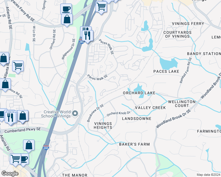 map of restaurants, bars, coffee shops, grocery stores, and more near 4140 Brookview Drive Southeast in Atlanta