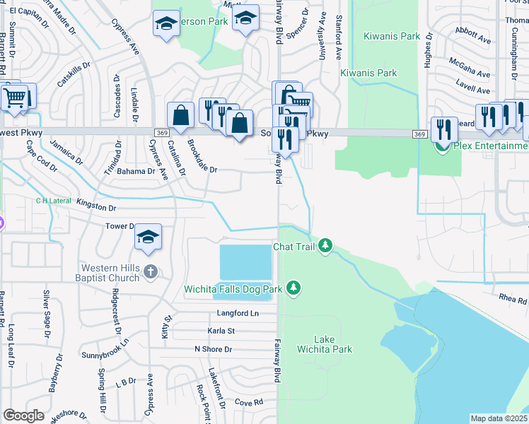 map of restaurants, bars, coffee shops, grocery stores, and more near 4801 Fairway Boulevard in Wichita Falls