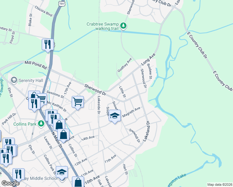 map of restaurants, bars, coffee shops, grocery stores, and more near 220 Busbee Street in Conway