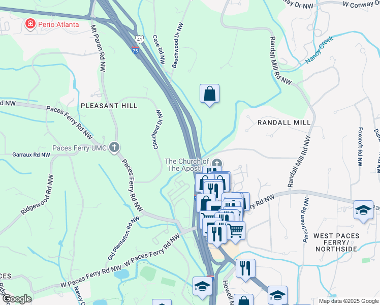 map of restaurants, bars, coffee shops, grocery stores, and more near Georgia 401 in Atlanta