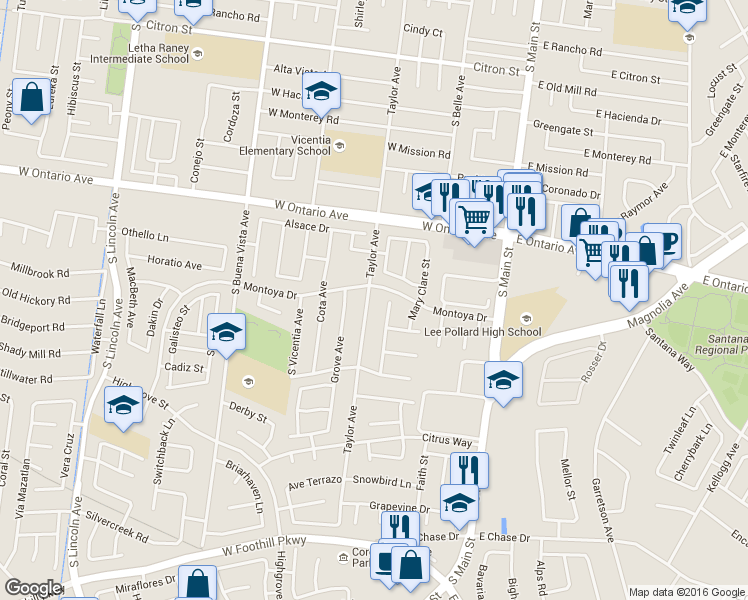 map of restaurants, bars, coffee shops, grocery stores, and more near 2371 Taylor Avenue in Corona