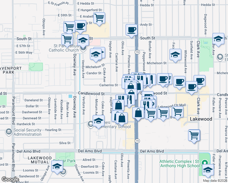 map of restaurants, bars, coffee shops, grocery stores, and more near 3913 Candlewood Street in Lakewood