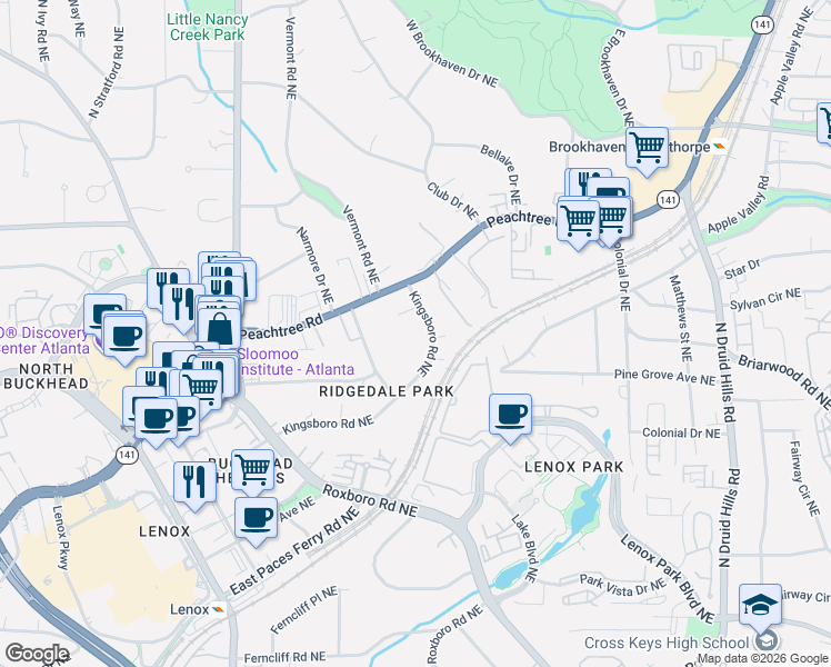 map of restaurants, bars, coffee shops, grocery stores, and more near 3626 Kingsboro Road Northeast in Atlanta