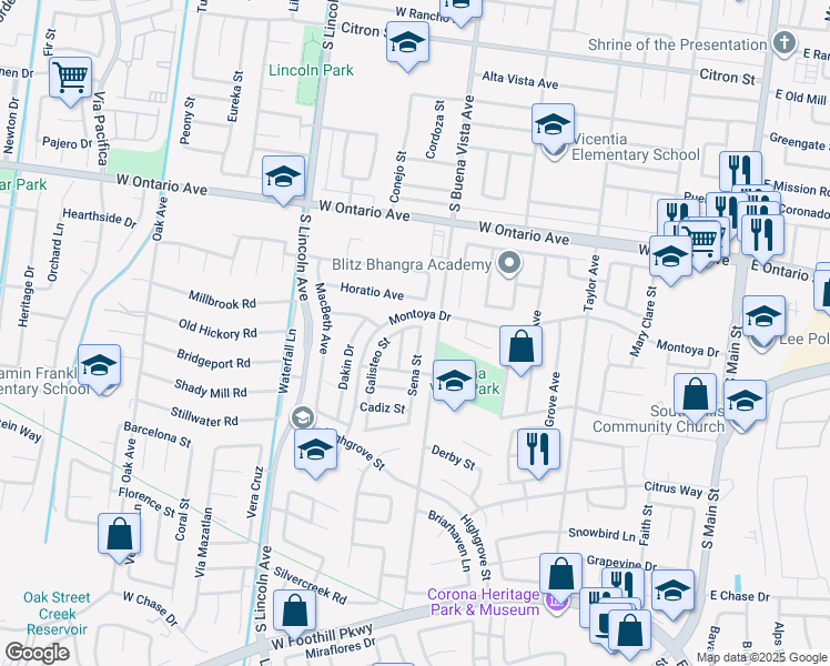 map of restaurants, bars, coffee shops, grocery stores, and more near 2407 Galisteo Street in Corona