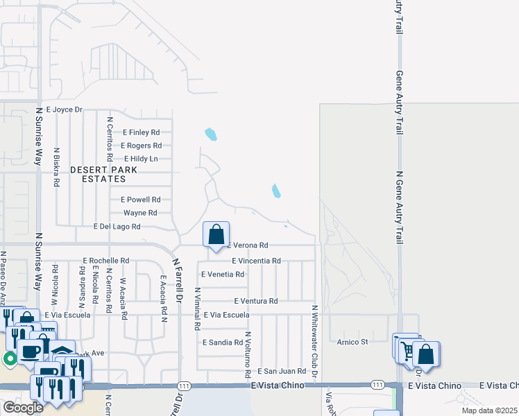 map of restaurants, bars, coffee shops, grocery stores, and more near 2522 North Whitewater Club Drive in Palm Springs