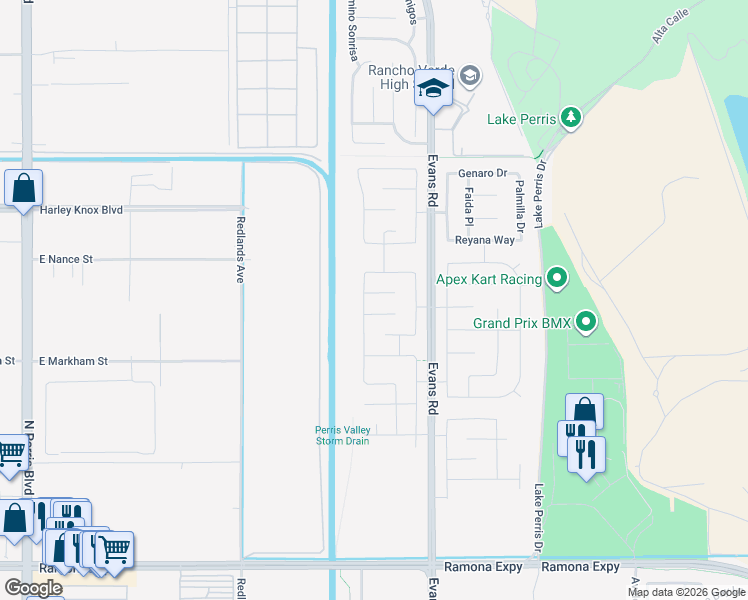 map of restaurants, bars, coffee shops, grocery stores, and more near Birdie Court in Perris