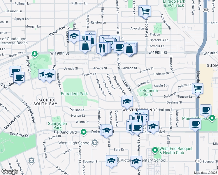 map of restaurants, bars, coffee shops, grocery stores, and more near 19410 Donora Avenue in Torrance