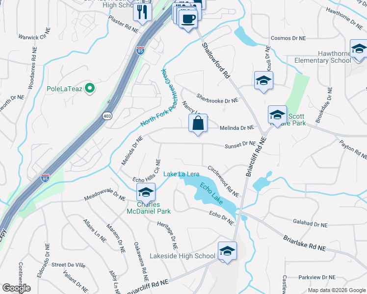 map of restaurants, bars, coffee shops, grocery stores, and more near 2452 Circlewood Road Northeast in Atlanta