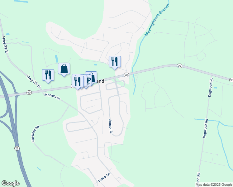map of restaurants, bars, coffee shops, grocery stores, and more near 100 Junco Circle in Longs