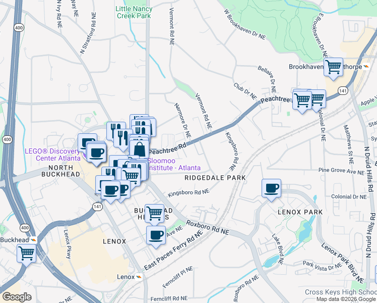 map of restaurants, bars, coffee shops, grocery stores, and more near 3669 Peachtree Road Northeast in Atlanta