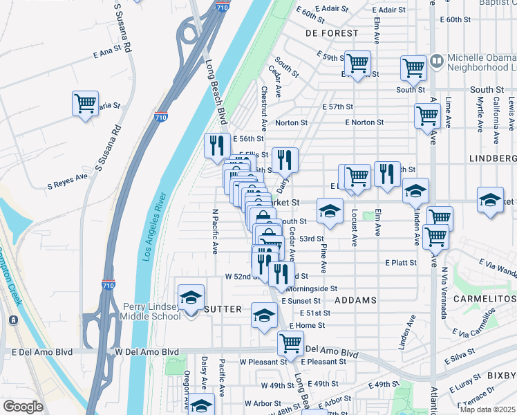 map of restaurants, bars, coffee shops, grocery stores, and more near 16 East Market Street in Long Beach
