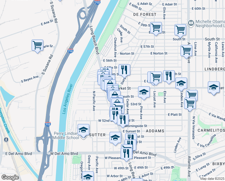 map of restaurants, bars, coffee shops, grocery stores, and more near 16 East Market Street in Long Beach
