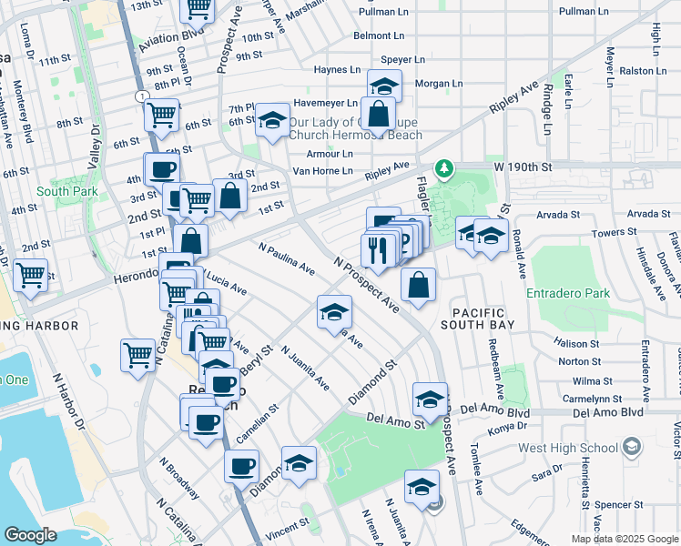 map of restaurants, bars, coffee shops, grocery stores, and more near 1111 Beryl Street in Redondo Beach