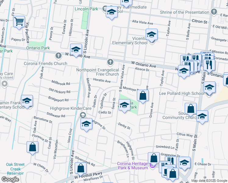 map of restaurants, bars, coffee shops, grocery stores, and more near 2407 Galisteo Street in Corona