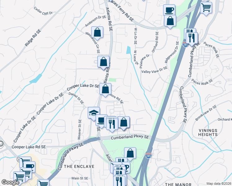 map of restaurants, bars, coffee shops, grocery stores, and more near 2188 Vinings North Lane Southeast in Smyrna