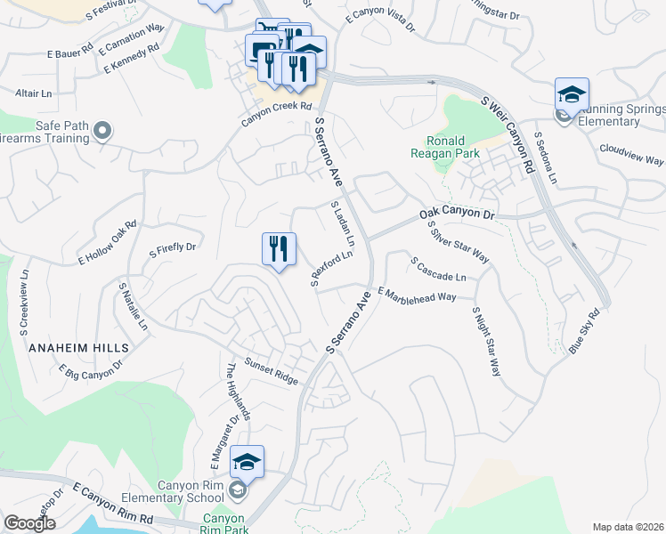 map of restaurants, bars, coffee shops, grocery stores, and more near 8151 East Marblehead Way in Anaheim