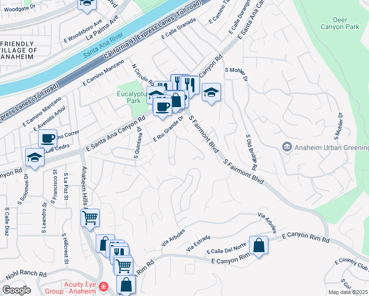 map of restaurants, bars, coffee shops, grocery stores, and more near 6290 East Rio Grande Drive in Anaheim