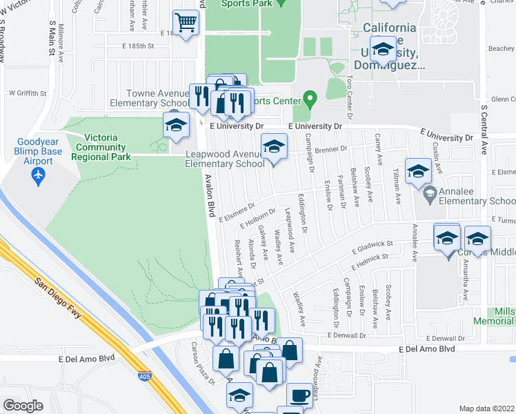 map of restaurants, bars, coffee shops, grocery stores, and more near 708 East Elsmere Drive in Carson